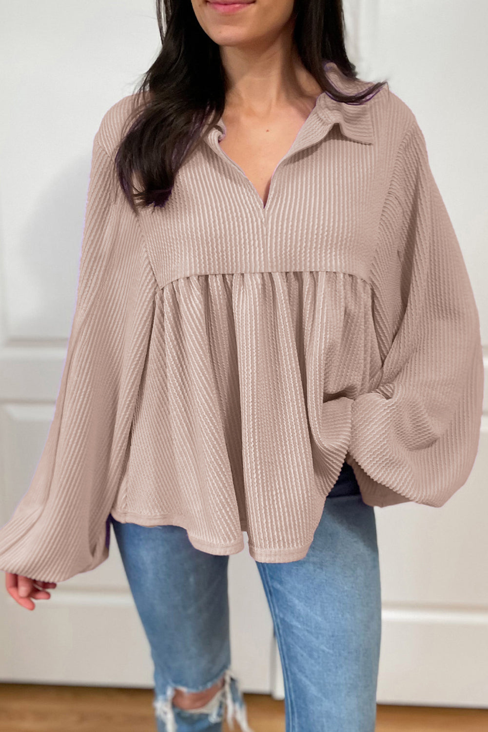 Corded Bubble Sleeve V-Neck Babydoll Blouse – Bright Pink & Tan Women S–2XL