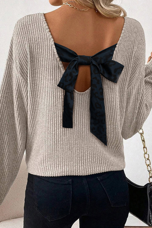 Ribbed V-Neck Bow Back Drop Shoulder Top in Light Taupe