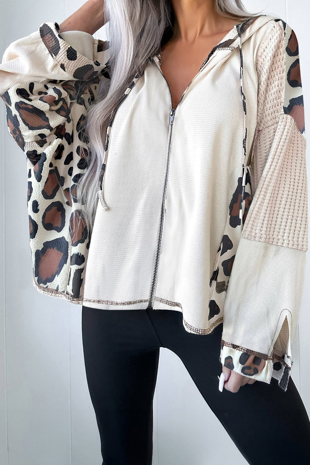 Leopard Contrast Patchwork Zip-Up Drop Shoulder Hoodie in Cream