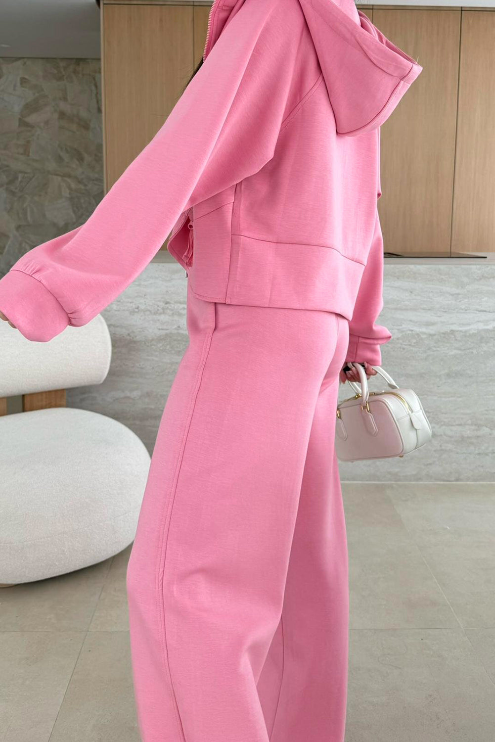 Zip-Up Hoodie & Drawstring Pants Tracksuit Set in Pink