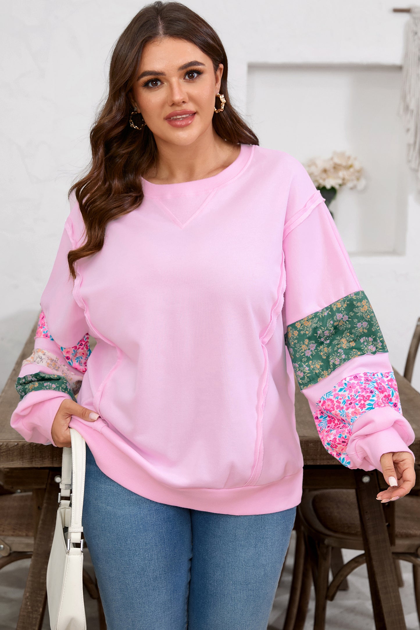 Plus Size Floral Patched Sleeve Ribbed Trim Baggy Sweatshirt