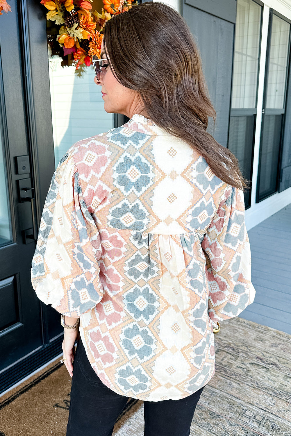 Khaki Aztec Geometric Print Tassel Tie Split Neck Balloon Sleeve Blouse – Women's Boho Western Statement Top (S–XL)