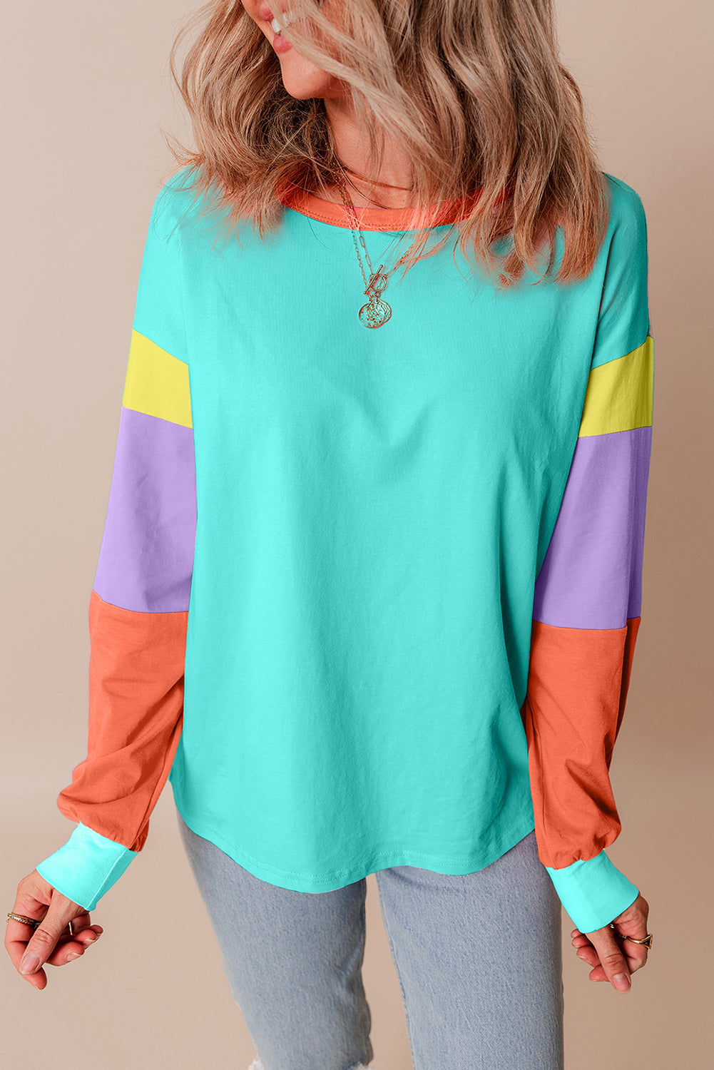 Colorblock Patchwork Long Sleeve Loose Top | Light Blue
