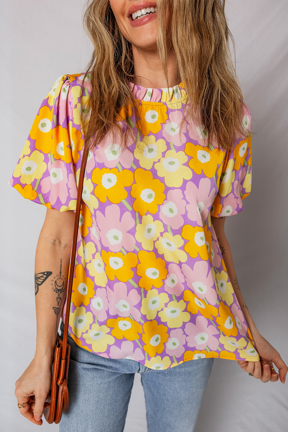 Floral Frilled Neck Puff Sleeve Blouse