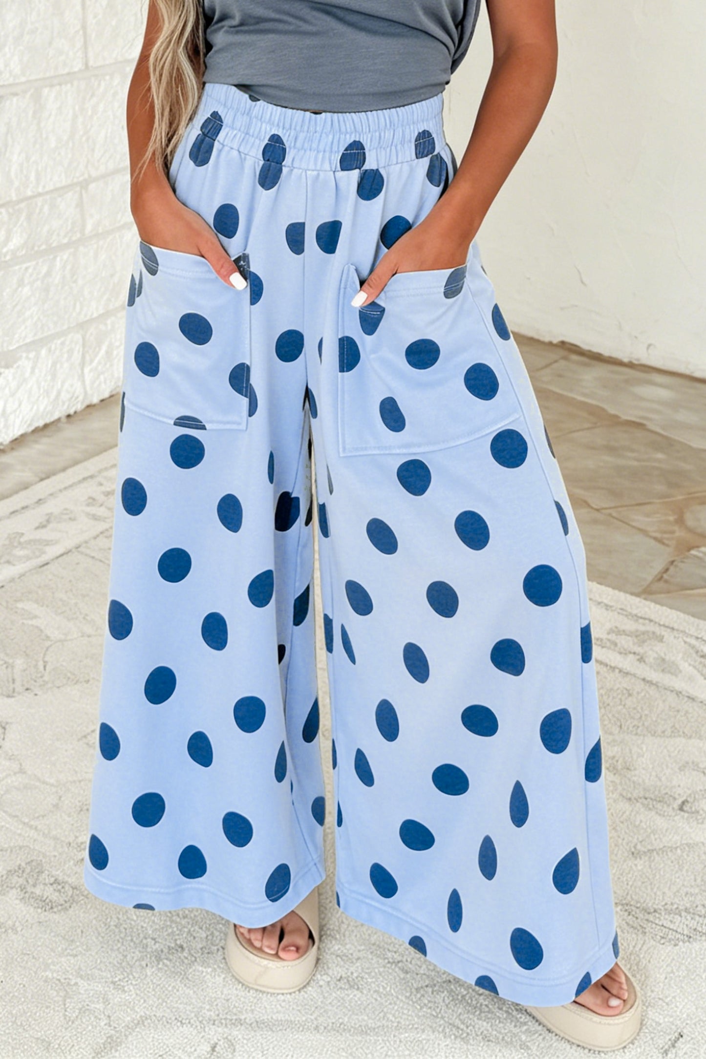 Women's Polka Dot Wide Leg Elastic Waist Pants S to XL