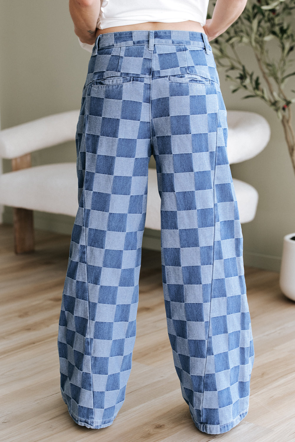 Denim Wide Leg Jeans Checkered Light Blue Women Size 4–16