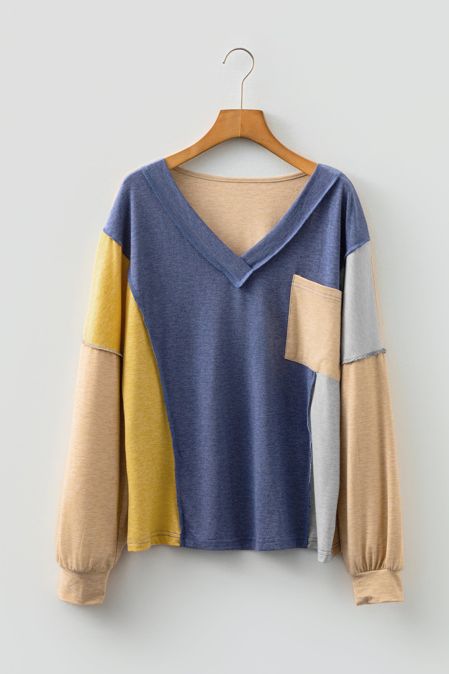 Exposed Stitching Colorblock V-Neck Top in Blue & Tan