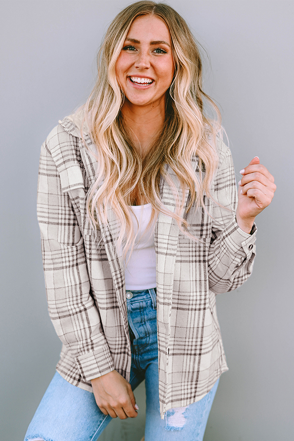 Khaki Plaid Removable Hood Chest Pocket Buttoned Shacket