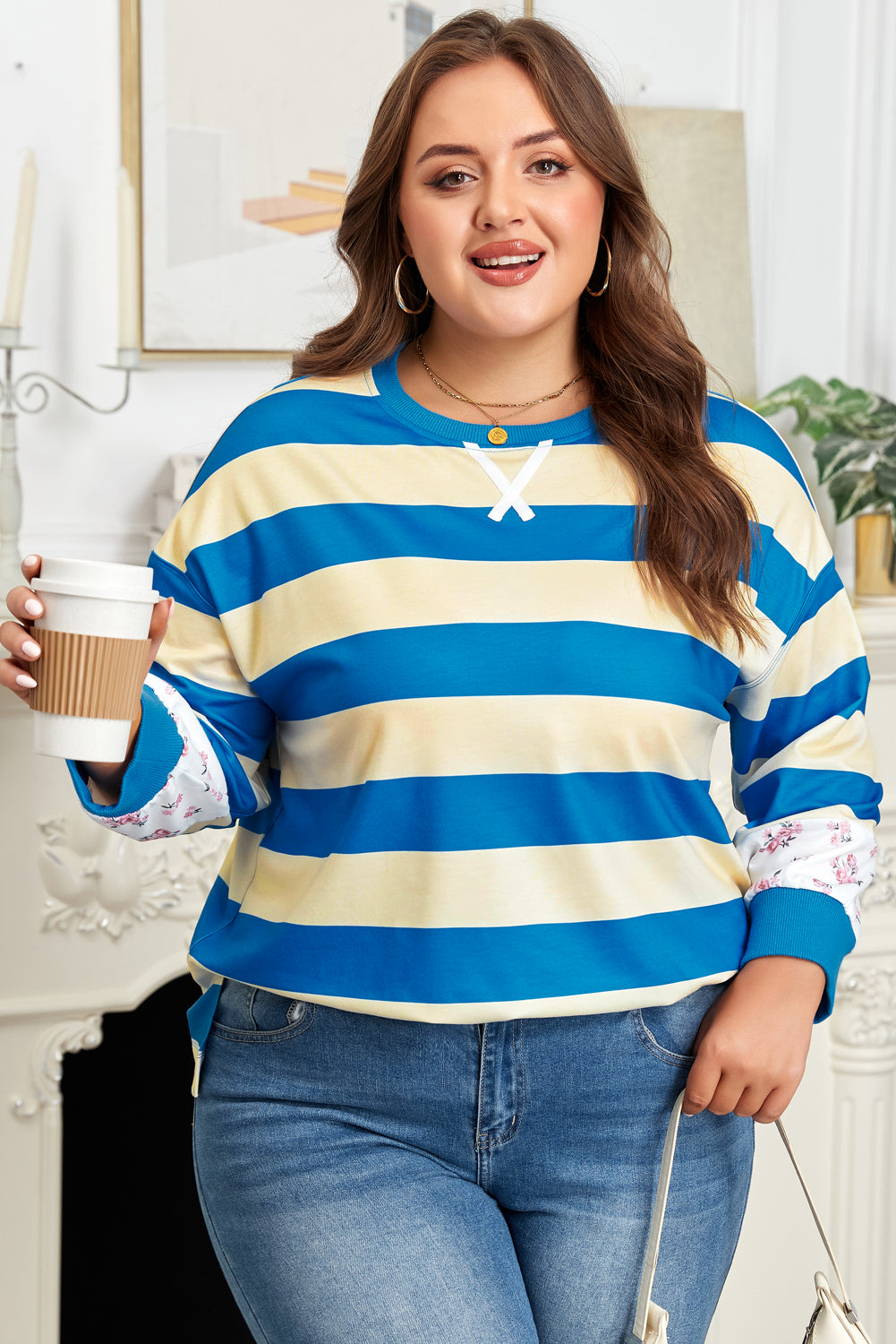 Plus Size Blue Stripe Floral Colour Block Drop Shoulder Pullover Women 1X–4X