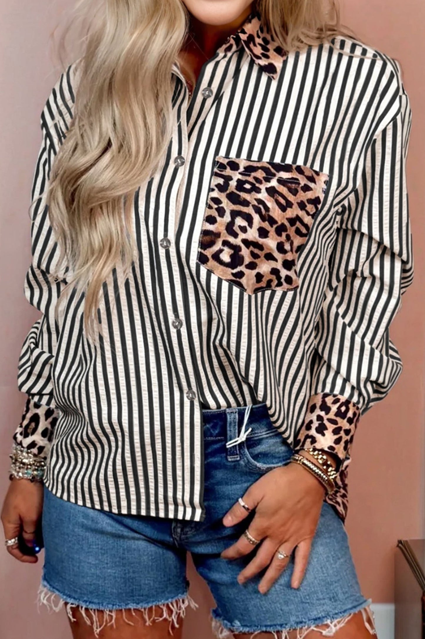 Striped Leopard Print Patchwork Button-Up Shirt