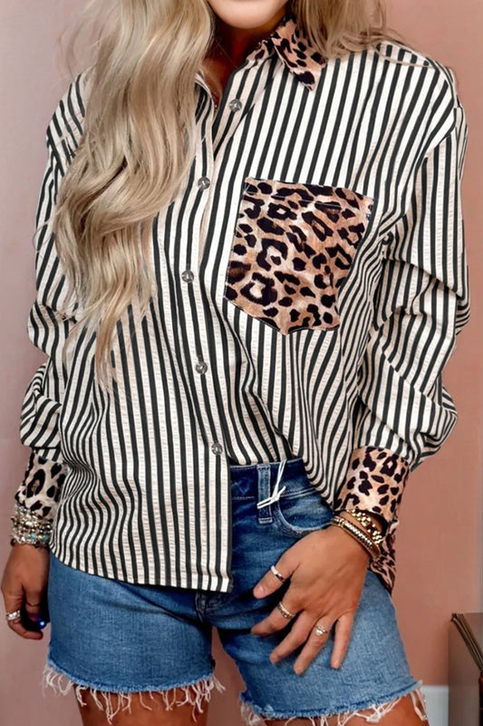 Striped Leopard Print Patchwork Button-Up Shirt
