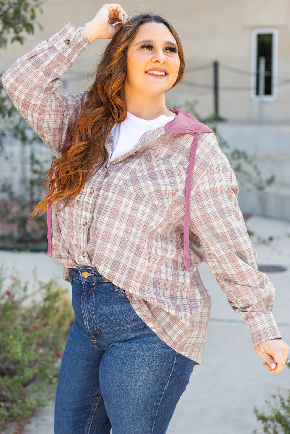 Plaid Print Drawstring Hooded Shirt | Bonbon | 1X–4X