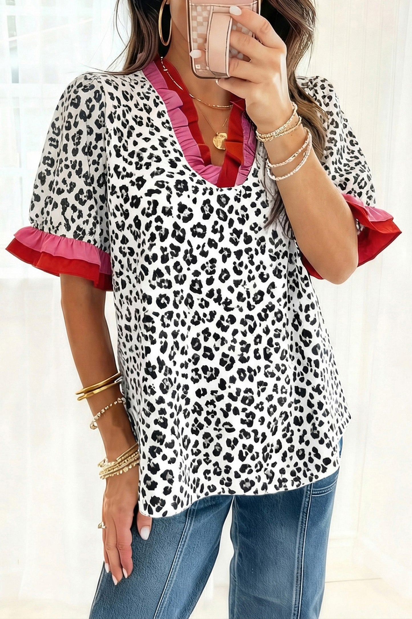 Leopard Print Ruffle Trim V-Neck Blouse