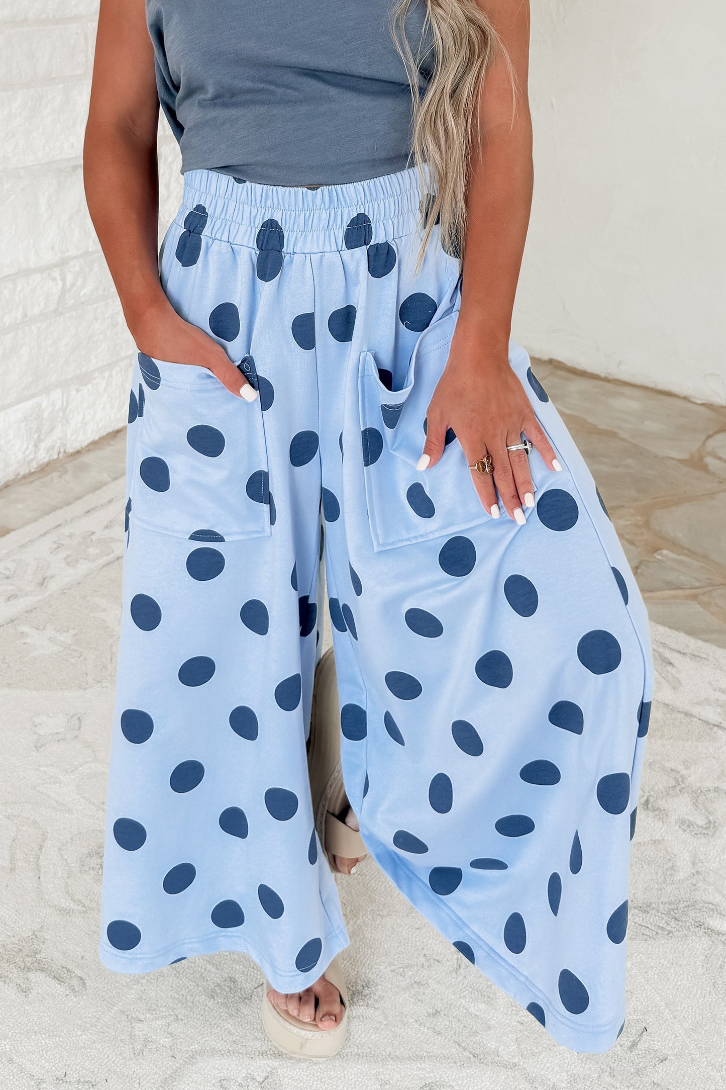 Women's Polka Dot Wide Leg Elastic Waist Pants S to XL