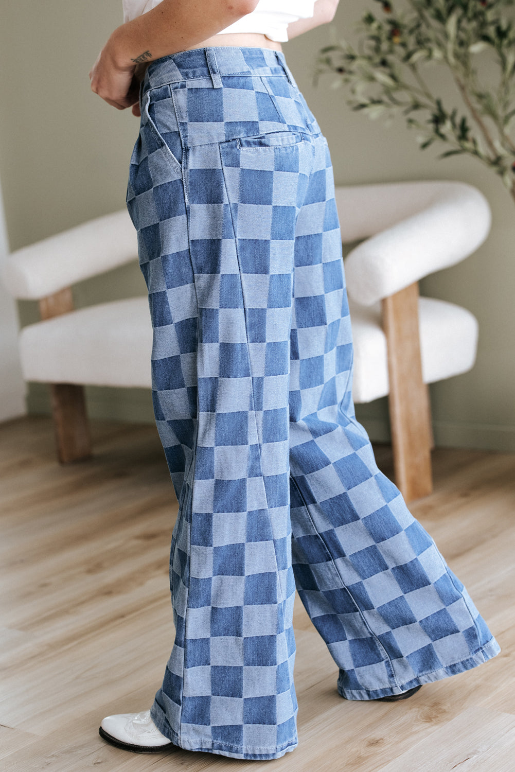 Denim Wide Leg Jeans Checkered Light Blue Women Size 4–16