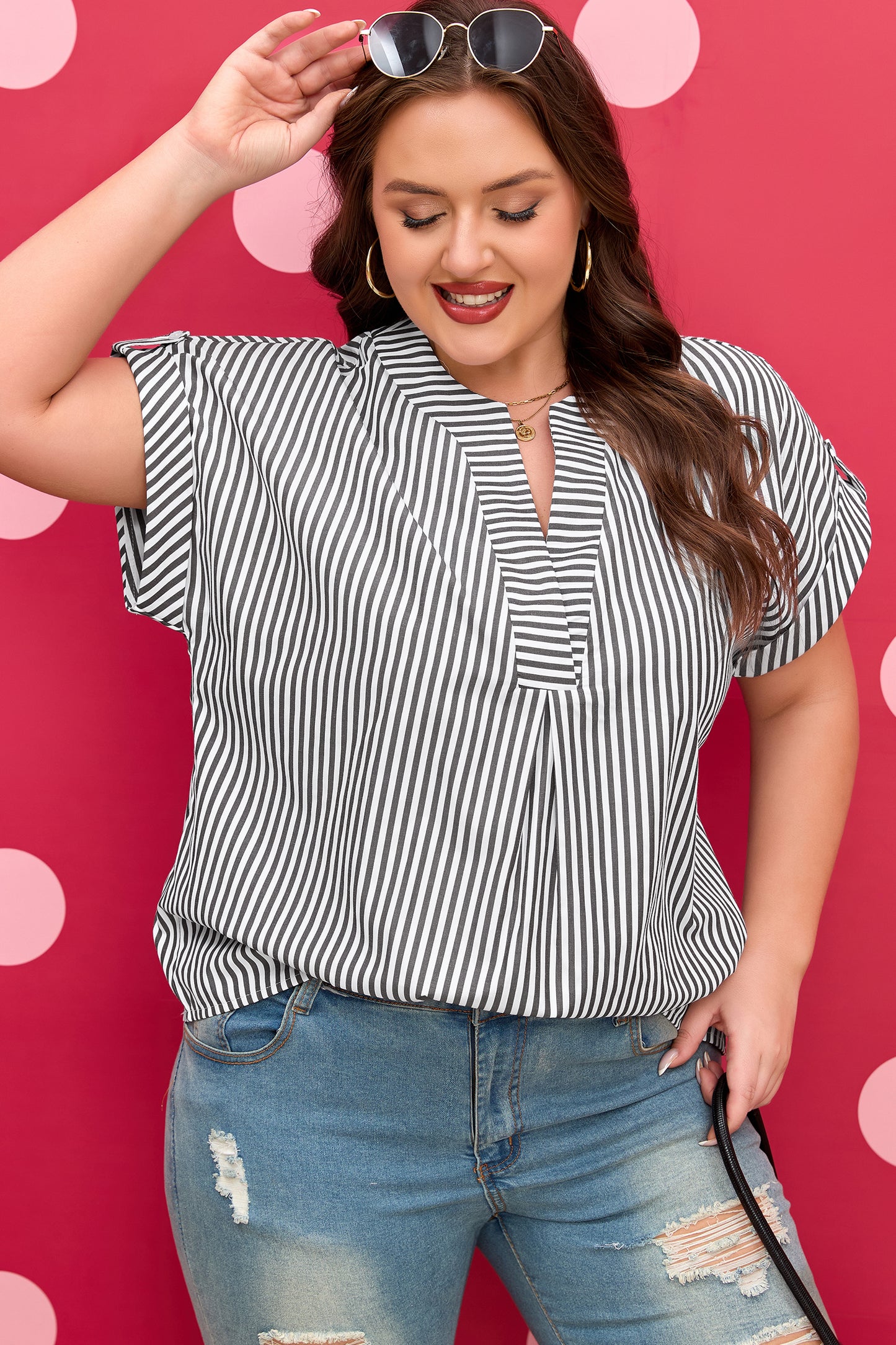 Women's Plus Size Black Striped Short Sleeve Blouse 1X–4X