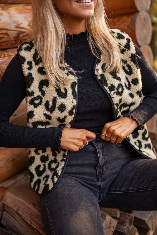 Black Leopard Print Plush Sherpa Open Front Vest Coat