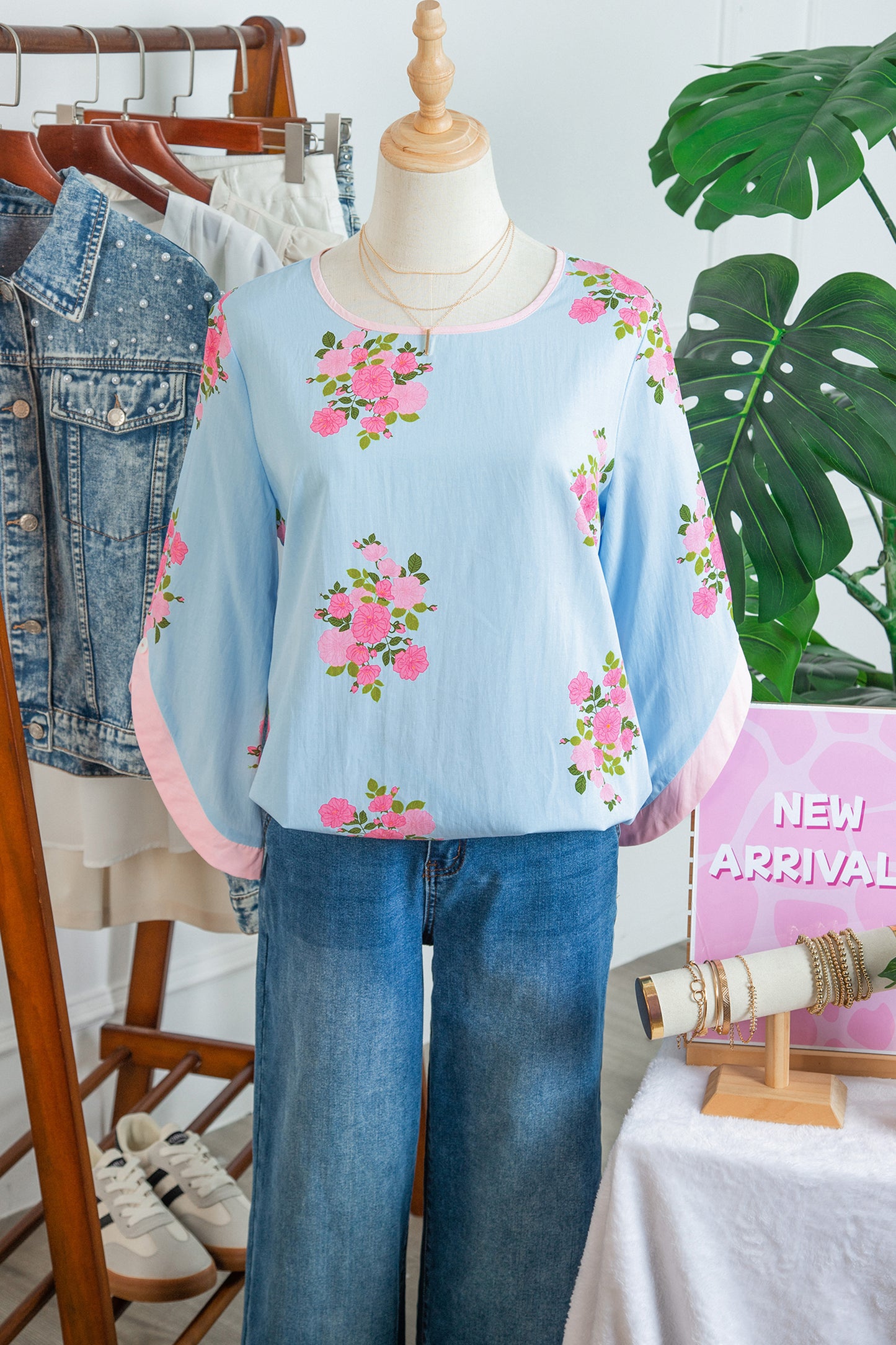 Floral Print 3/4 Sleeve Button Detail Blouse Women S–XL