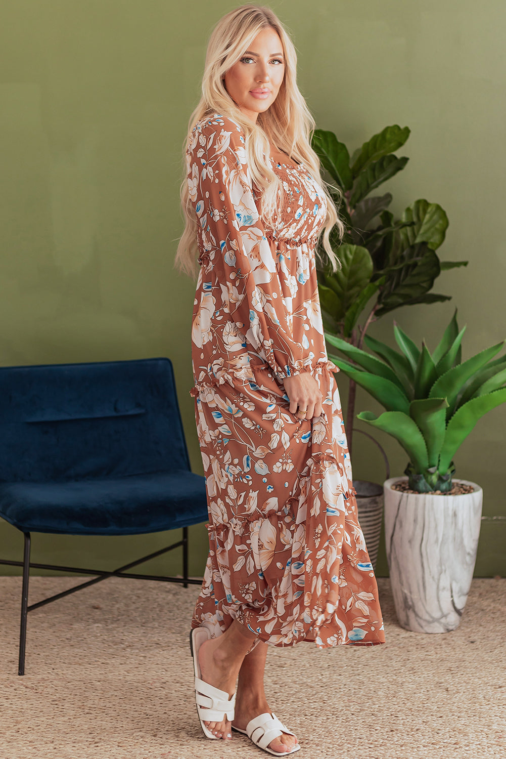 Brown Floral Print Shirred Square Neck High Waist Tiered Maxi Dress