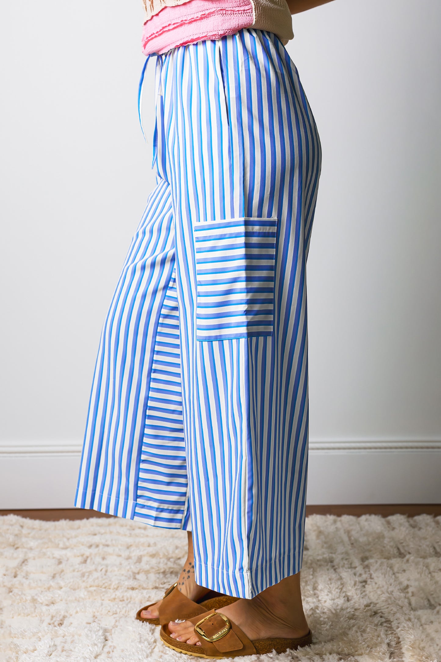 Light Blue Stripe Wide Leg Ankle Pants Women S–XL