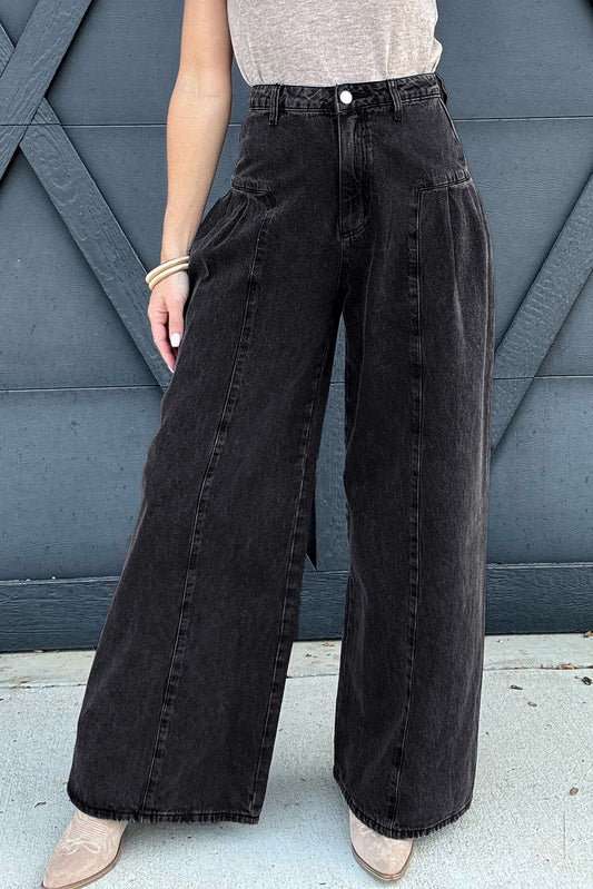 Pleated Wide Leg Mineral Wash Denim Pants | Dark Grey | US 6–16