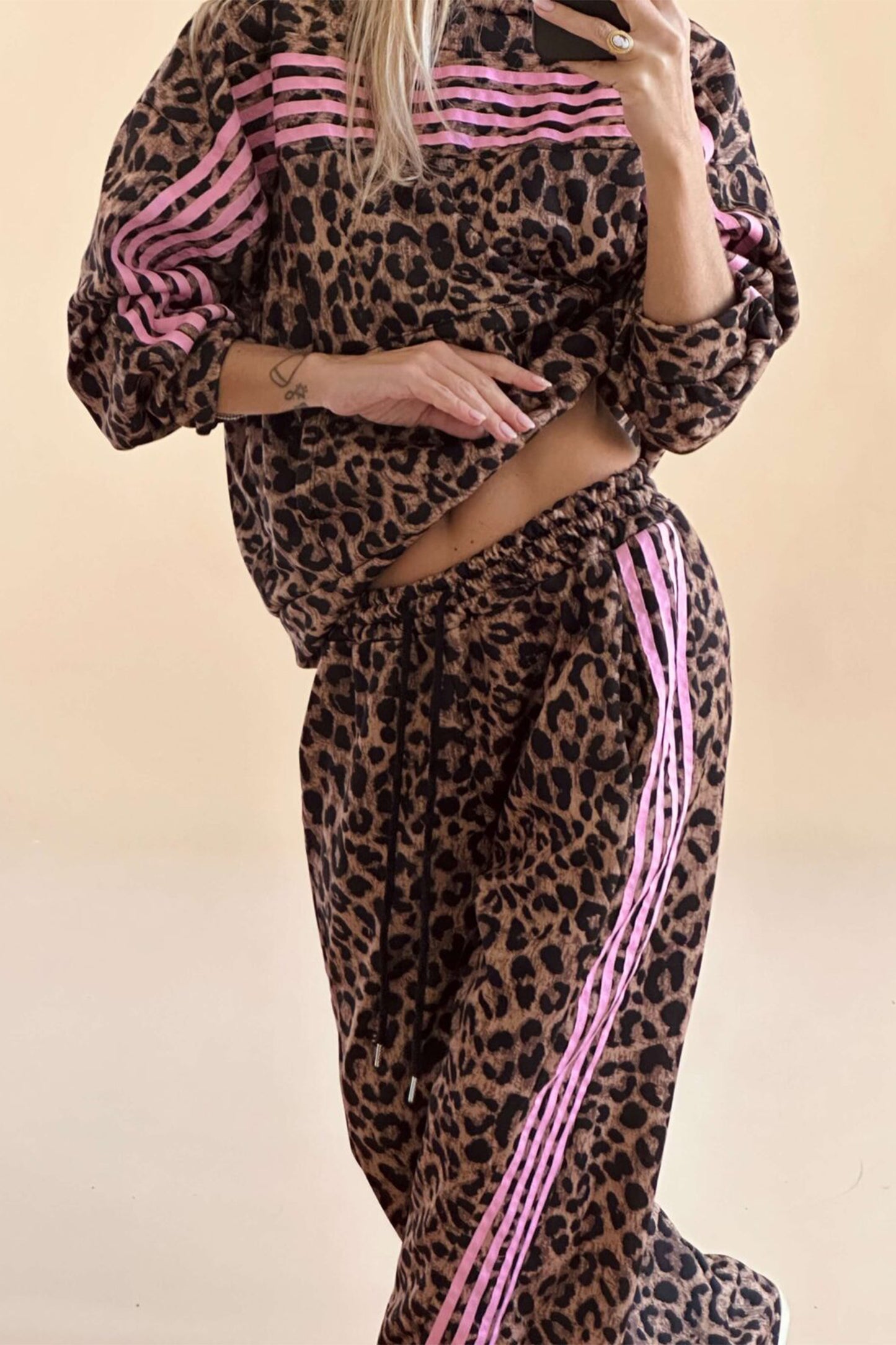 Women's Brown Leopard Print Striped Long Sleeve Top and Pant Set S to XL