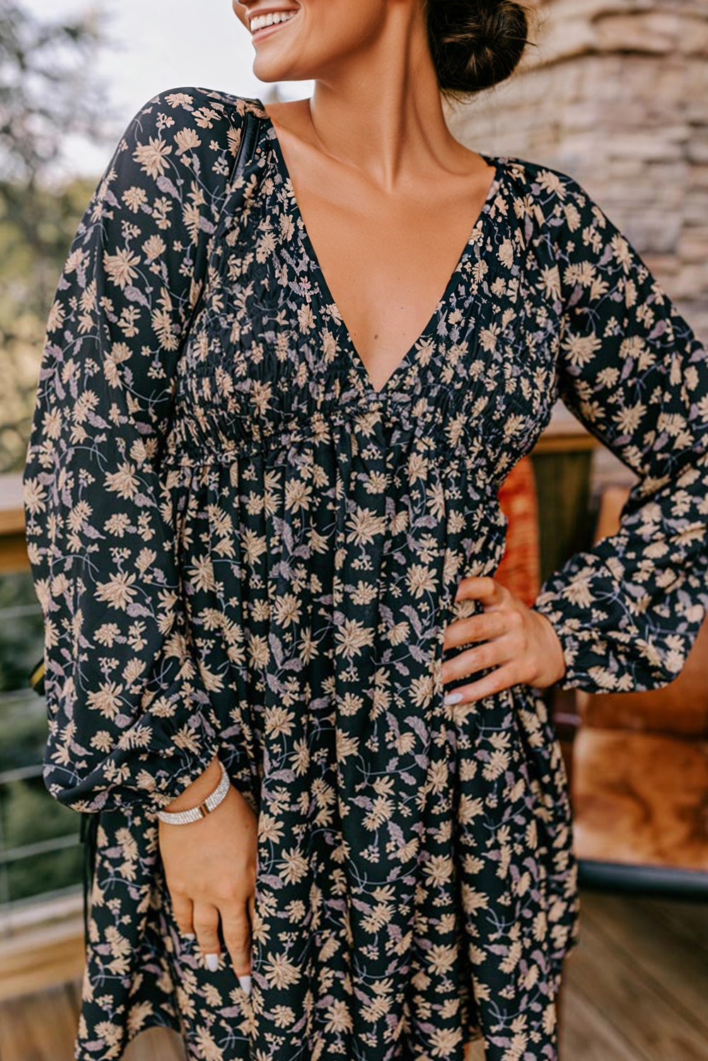 Floral Print Deep V-Neck Smocked Bust Bubble Sleeve Babydoll Mini Dress
