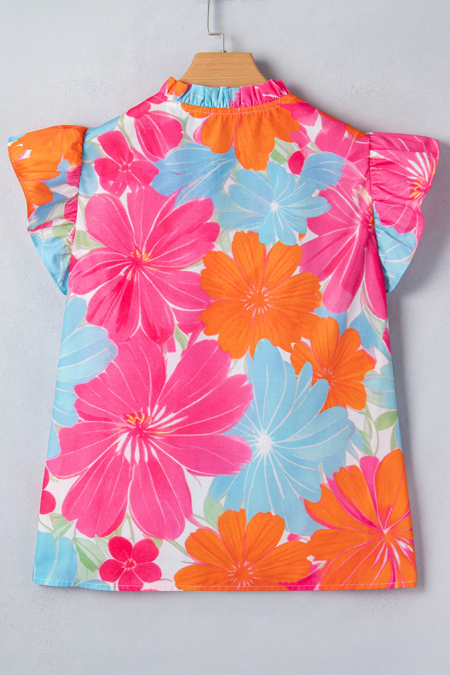 Floral Print Tie V-Neck Ruffle Trim Sleeveless Blouse