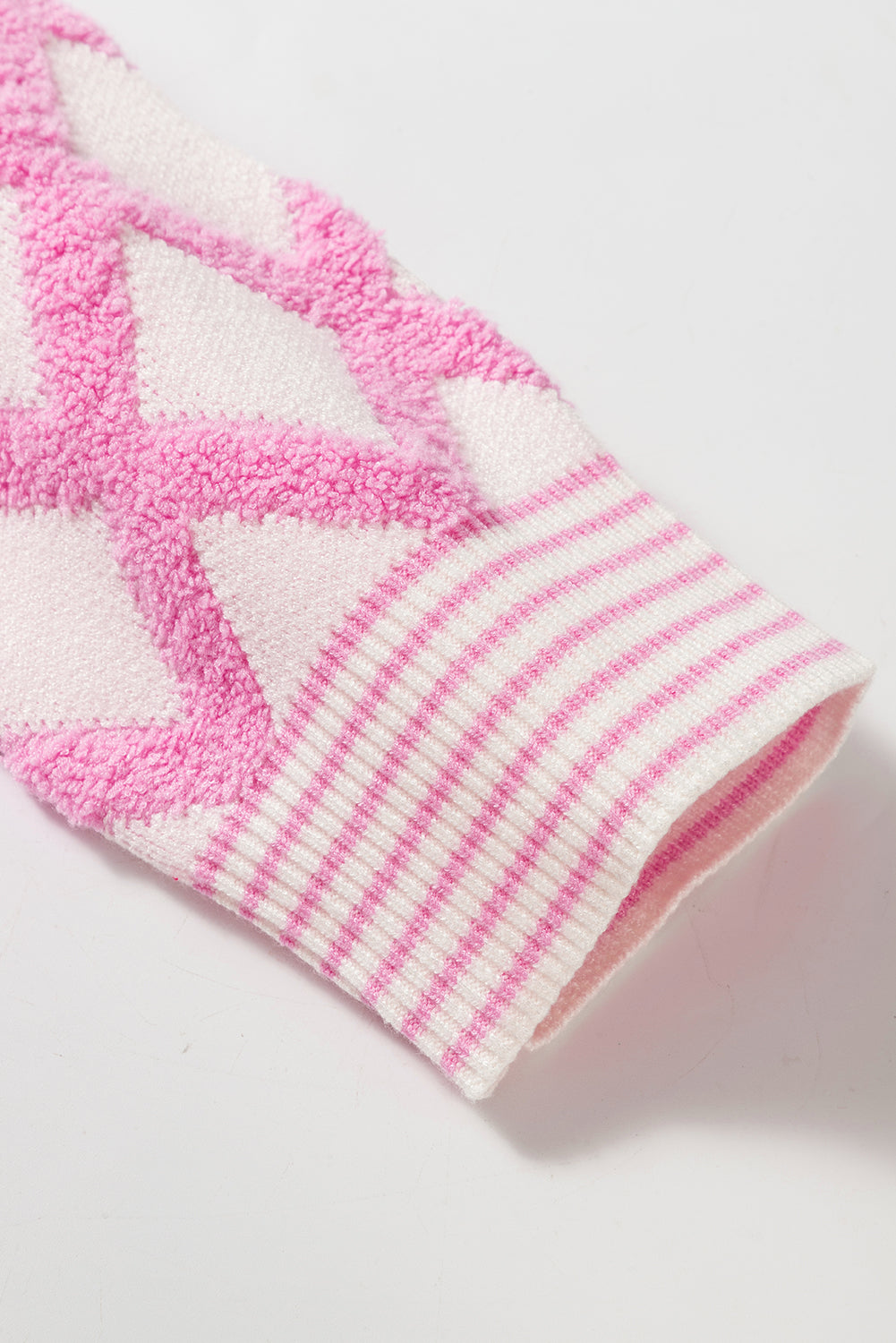 Pink Rhombus Pattern Knit Open Front Pocketed Cardigan