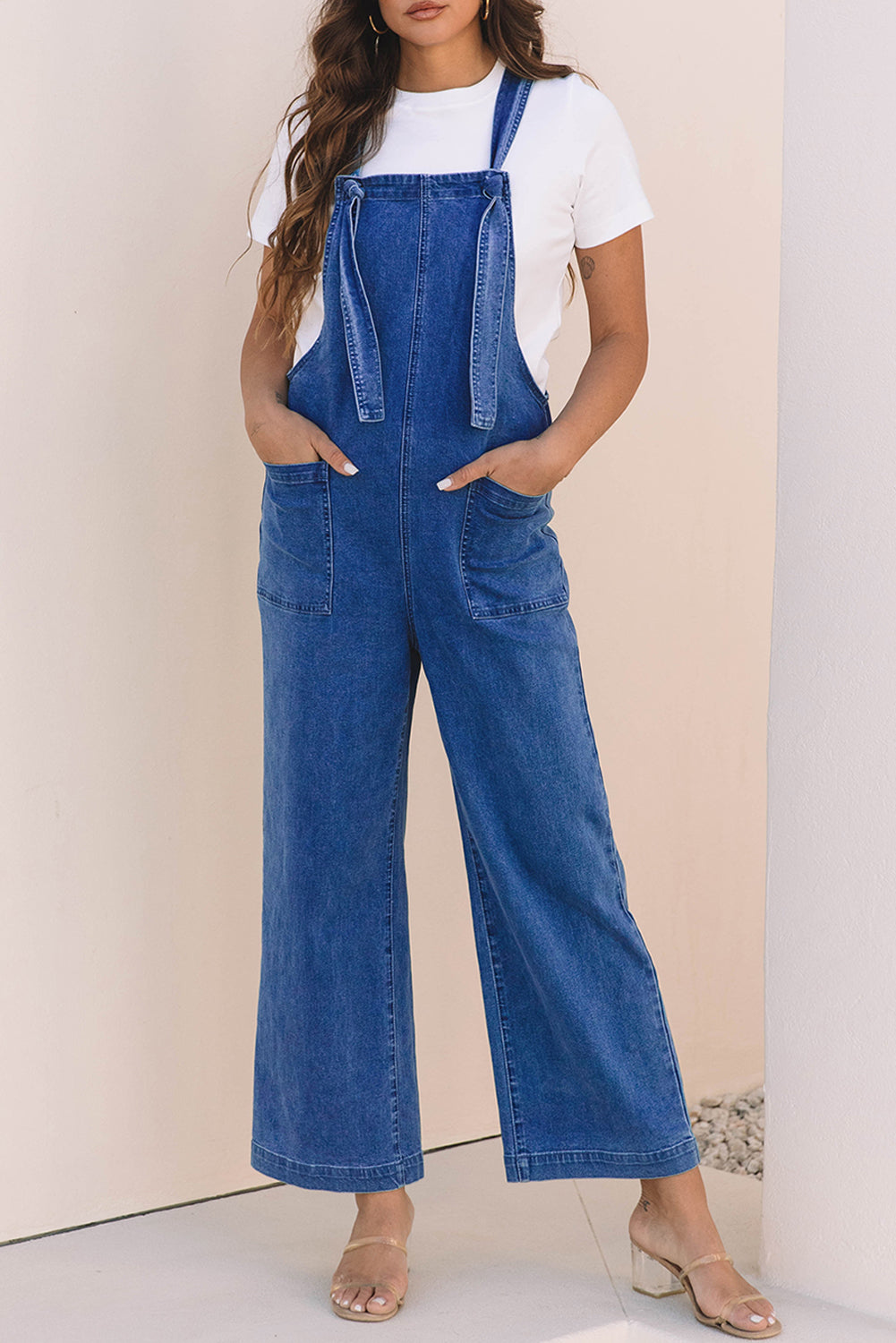 Dark Blue Mineral Wash Wide Leg Denim Overalls