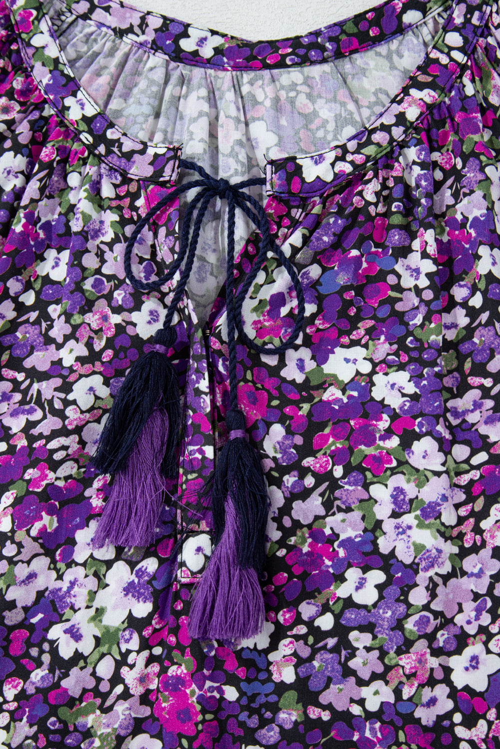 Boho Floral Split V-Neck Bubble Sleeve Blouse | Purple