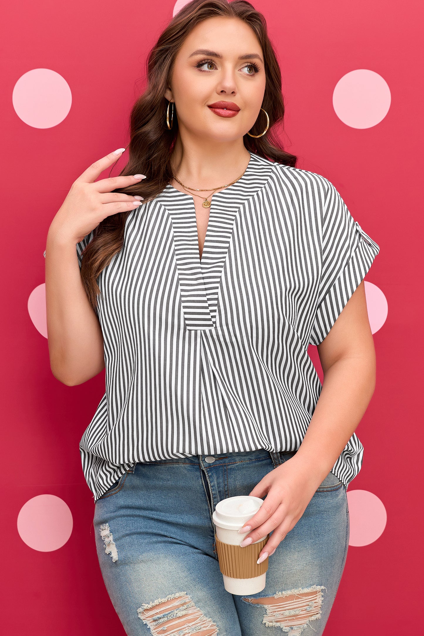 Women's Plus Size Black Striped Short Sleeve Blouse 1X–4X