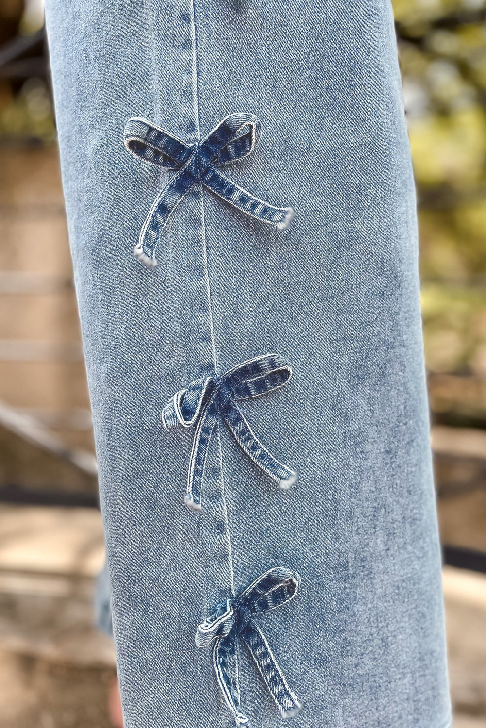 Light Blue Bow Knot Side Detail High Waist Straight Leg Jeans