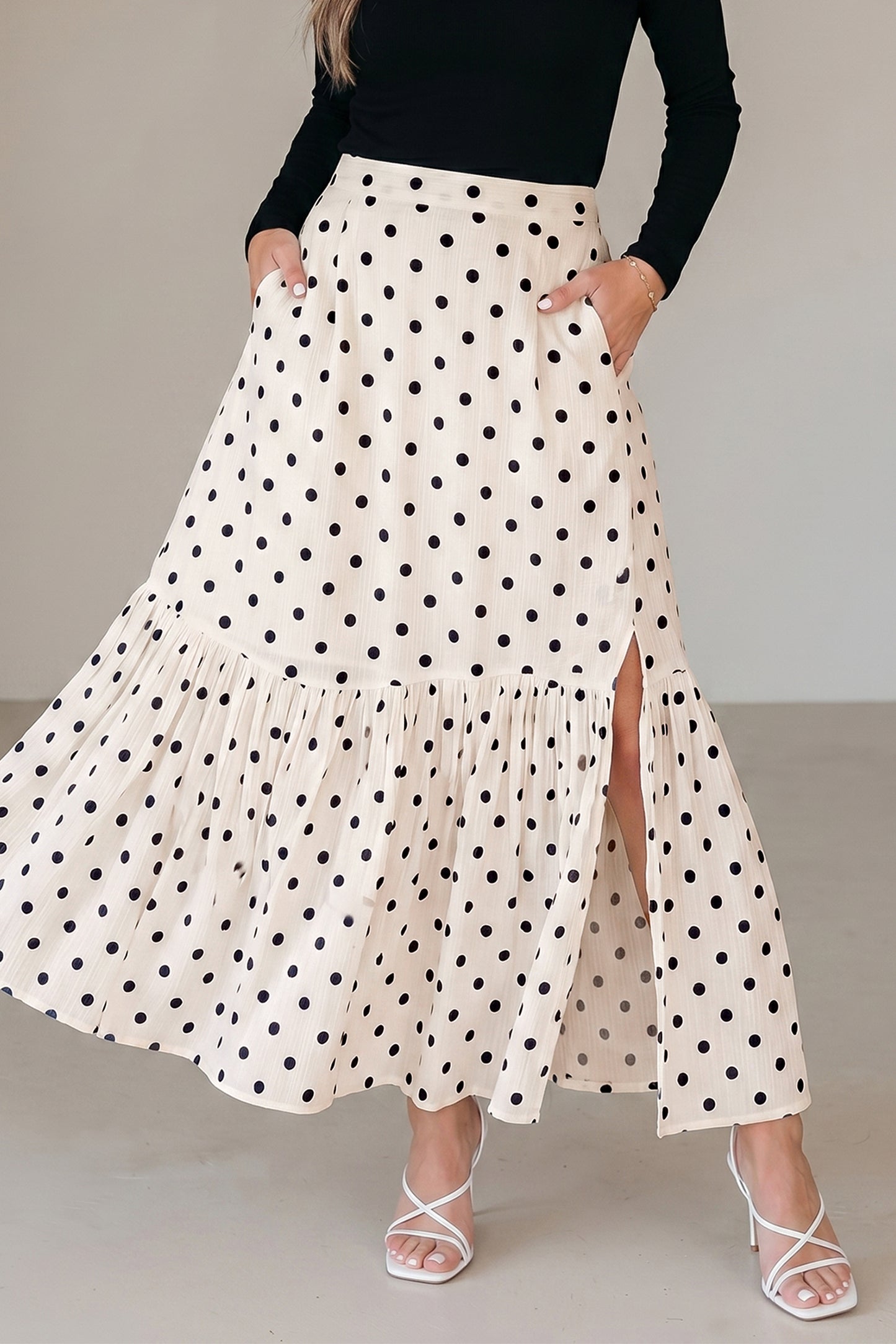 White Polka Dot Ruffle Maxi Skirt Women S–XL
