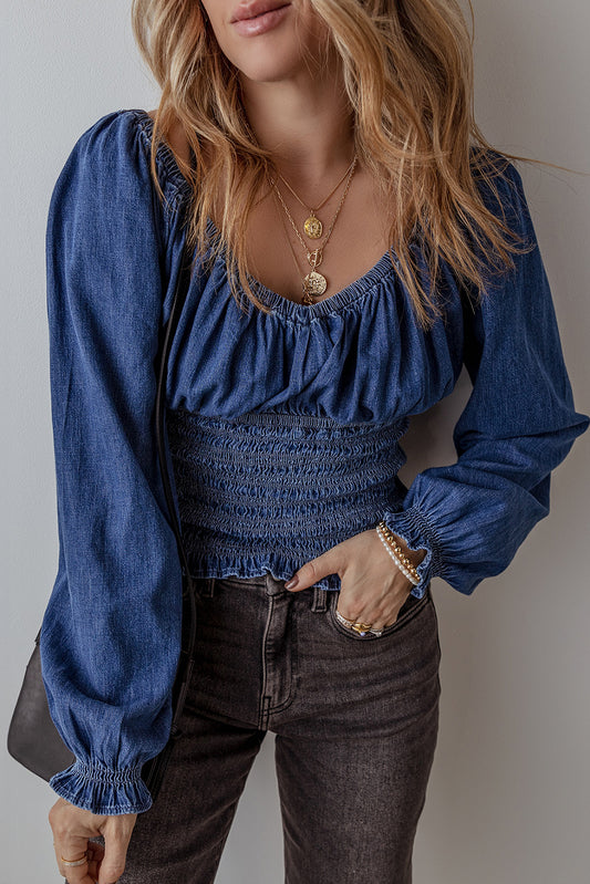 Smocked Ruffled Puff Sleeve V-Neck Denim Blouse – Dark Blue Women S–XL