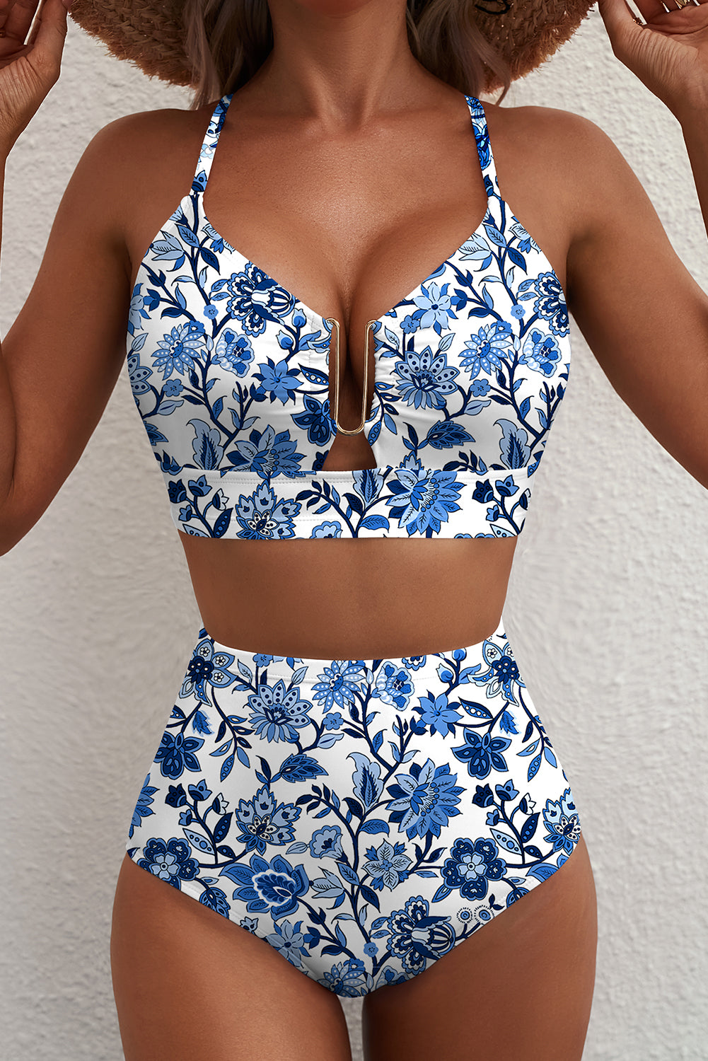 Blue Floral Print High Waist Bikini Set Women XS–2XL
