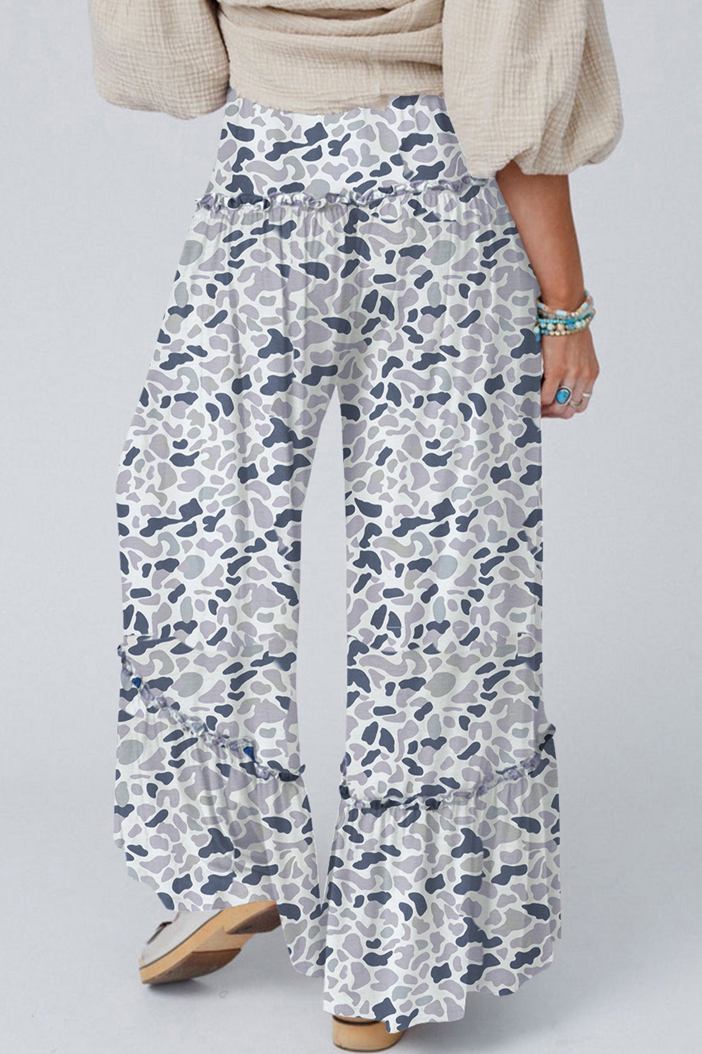 Beige Camo Print Elastic Waist Wide Leg Pants | S–XL