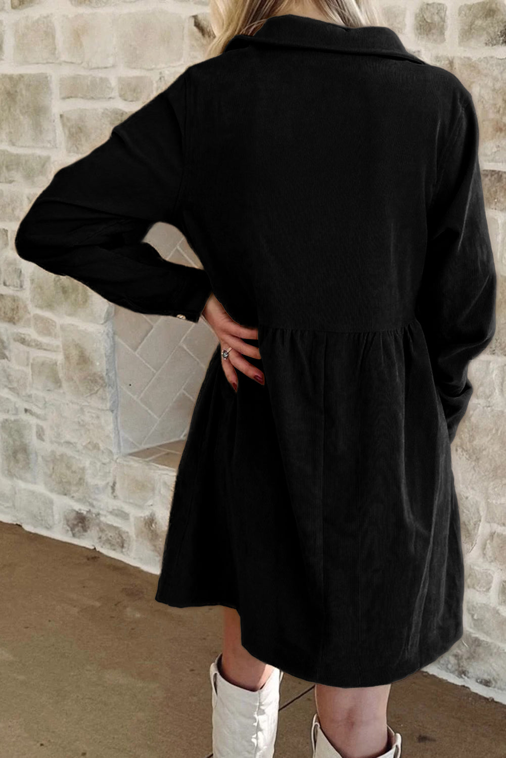 Corduroy Half Button Collared Mini Dress in Black