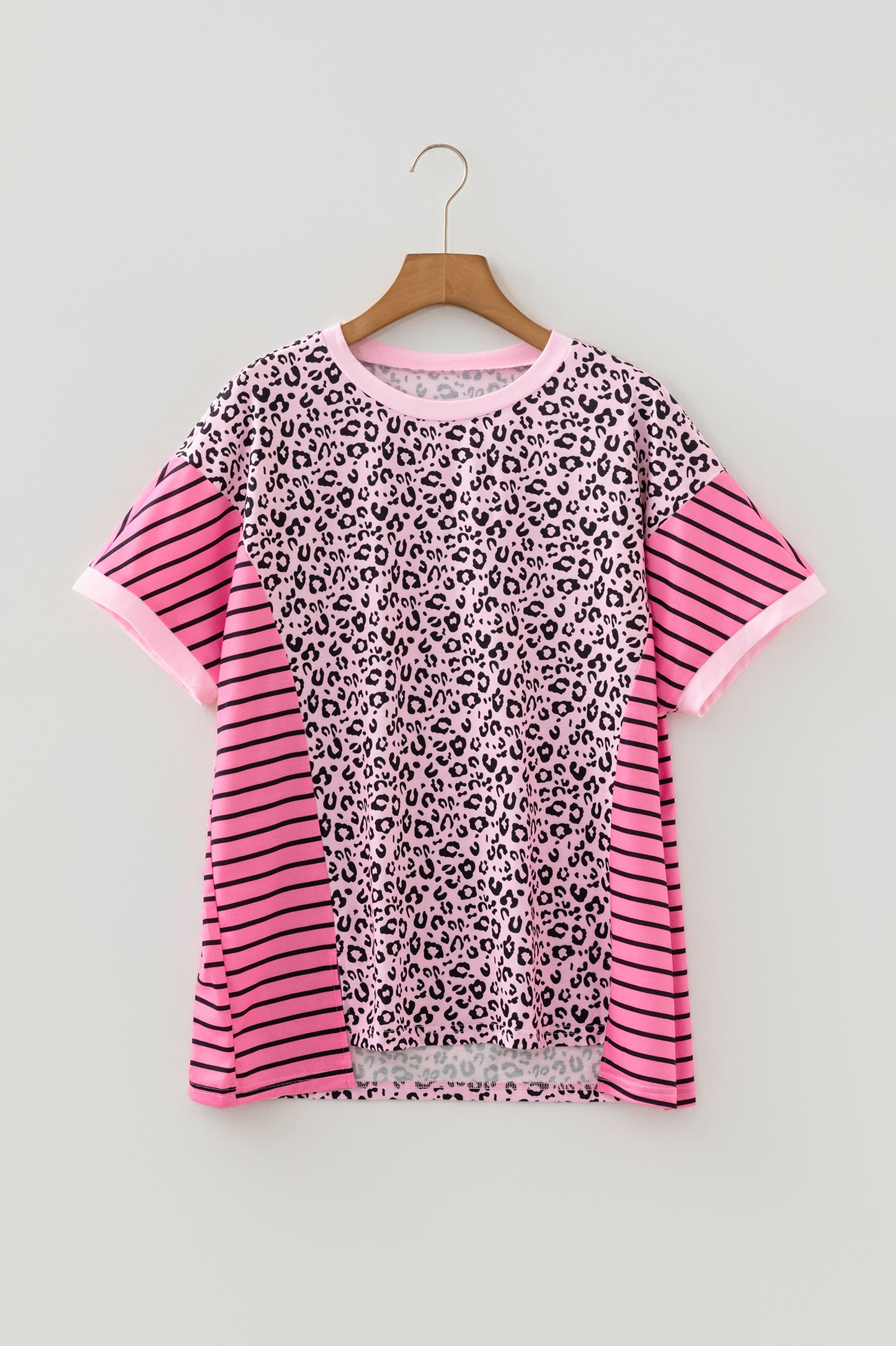 Leopard Stripe Patchwork Side Slit Short Sleeve Top