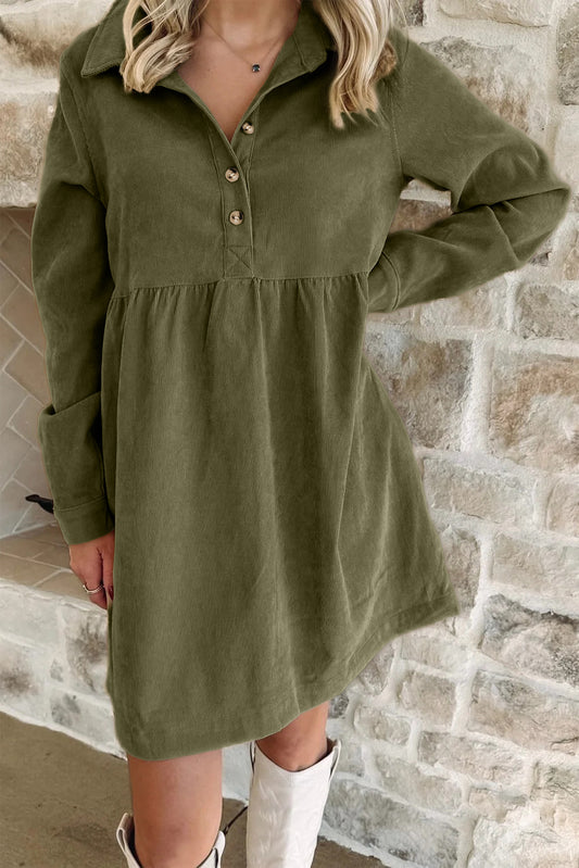 Corduroy Half Button Collared Mini Dress in Vineyard Green