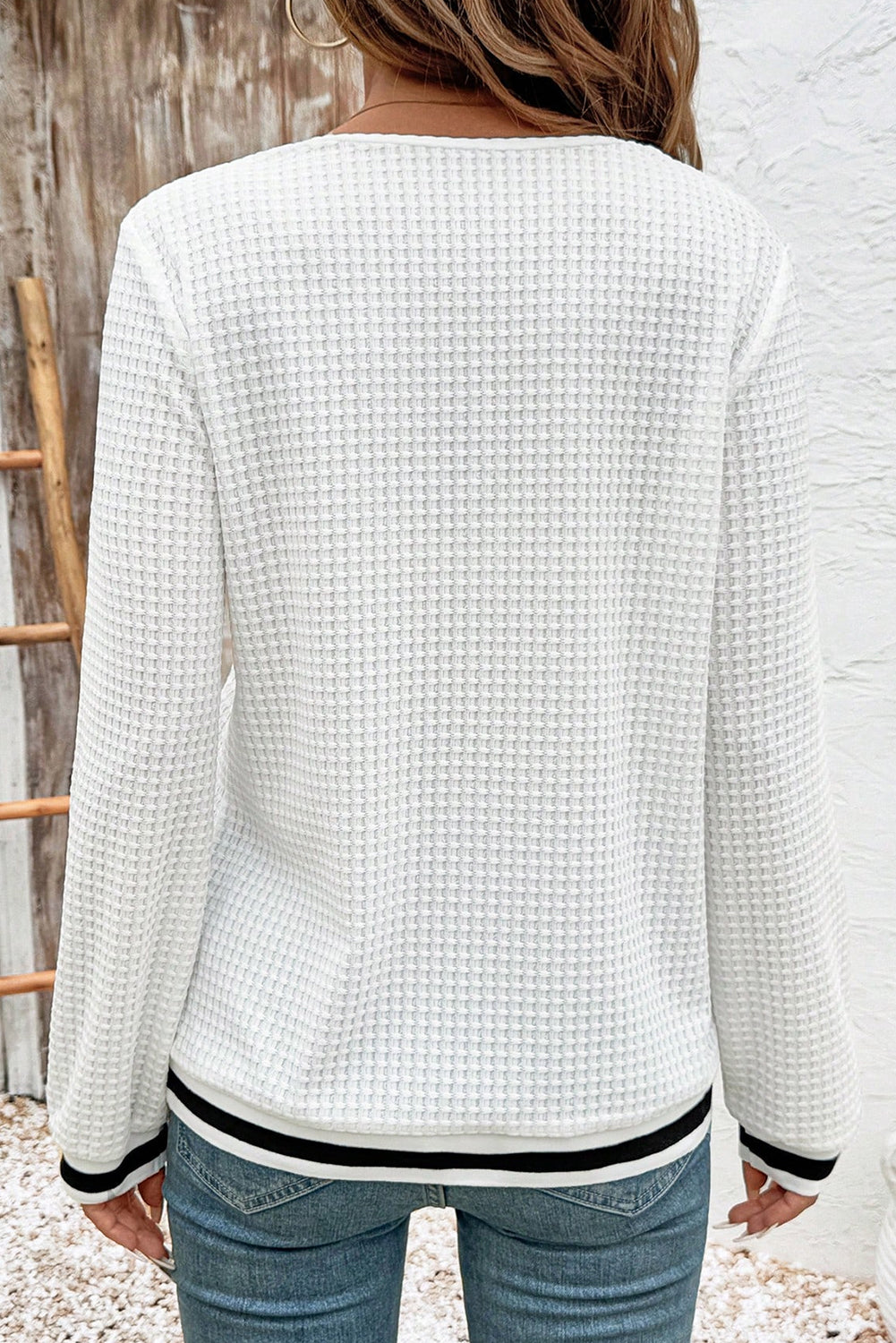 White Waffle Knit Preppy Striped Trim V-Neck Pullover Top