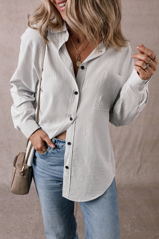 Striped Roll-Tab Sleeve Tunic Shirt with Chest Pocket | 2 Colours | S–XL