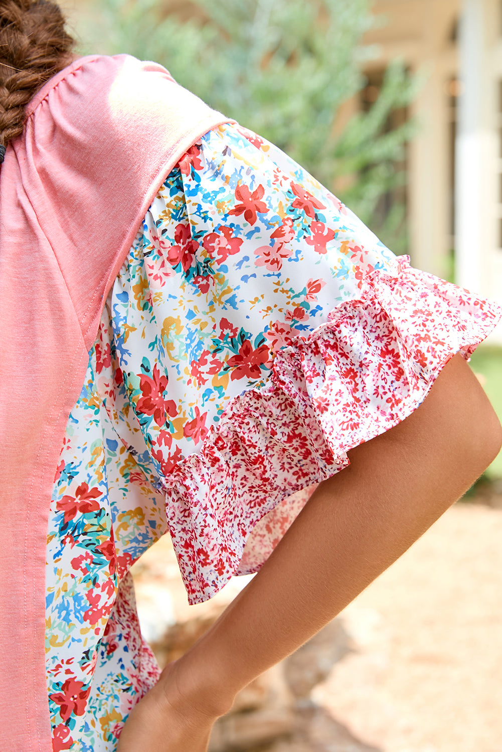 Plus Size Floral Patchwork Ruffled Short Sleeve Blouse