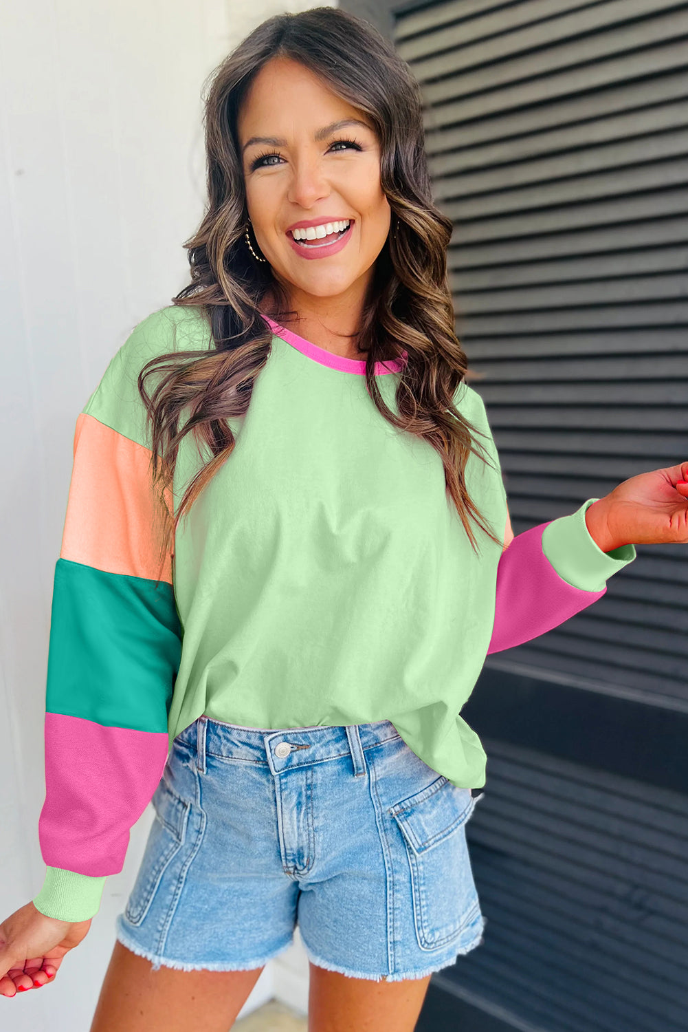 Colorblock Patchwork Long Sleeve Loose Top | Green