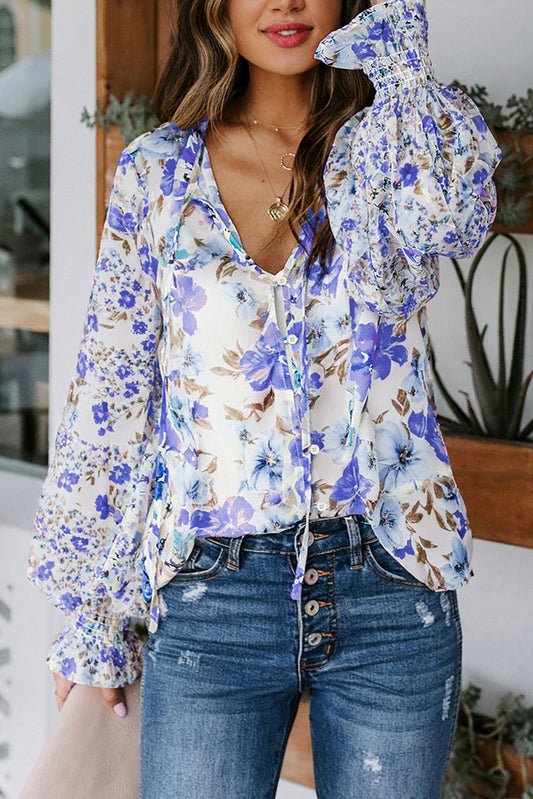 Floral Smocked Sleeve Ruffle Neck Blouse.  S-2x