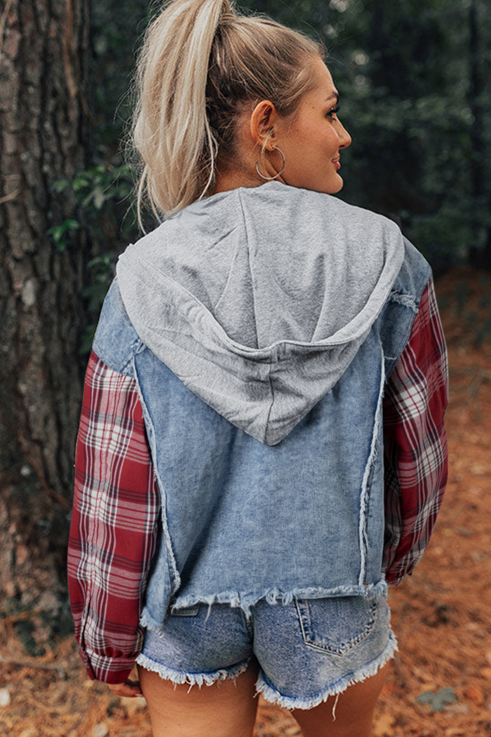 Womens Plaid Patchwork Hooded Denim Jacket S to XL