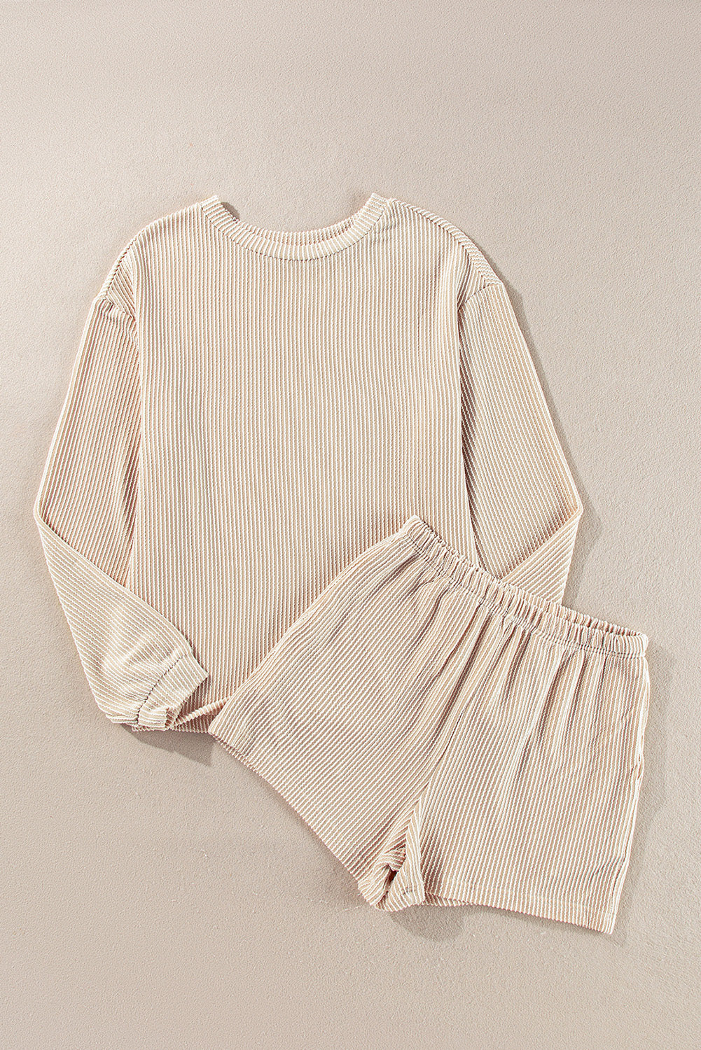 Corded Knit Long Sleeve Top High Waist Shorts Set