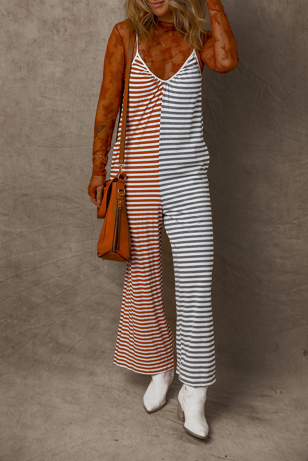 Khaki Stripe Two Tone Contrast Spaghetti Strap Backless Jumpsuit