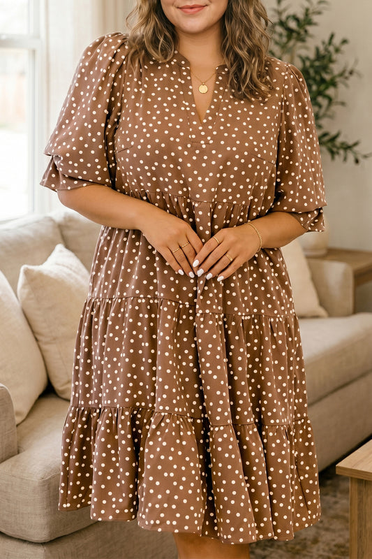 Plus Size Brown Polka Dot Long Sleeve V-Neck Shift Dress 1X to 4X