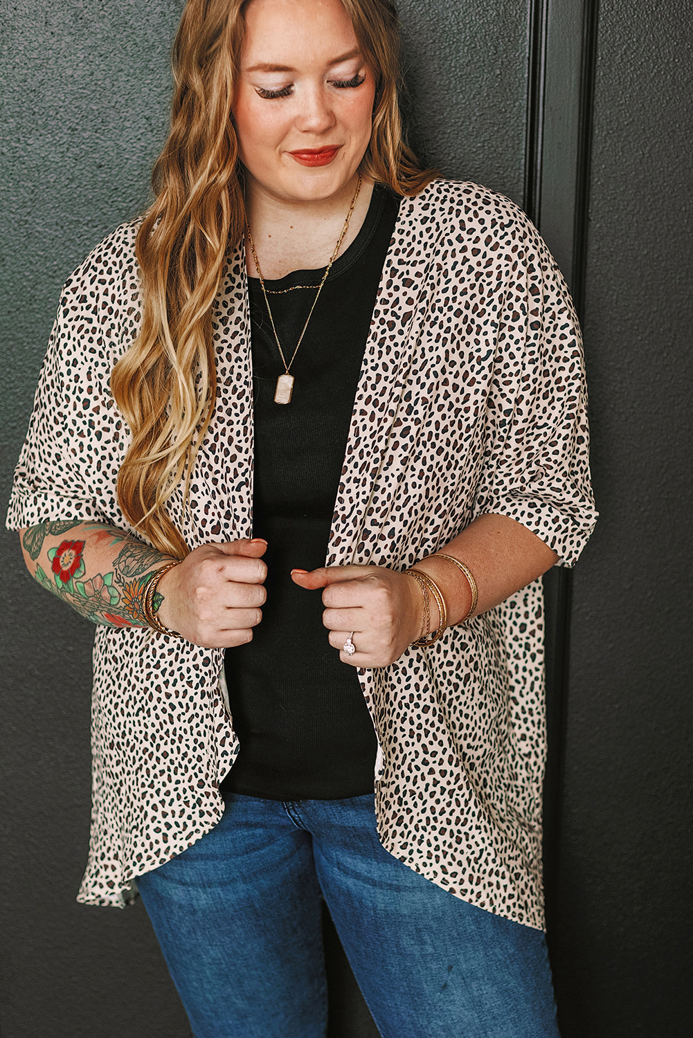 Khaki Leopard Print Open Front Cardigan – Plus Size 1X–3X
